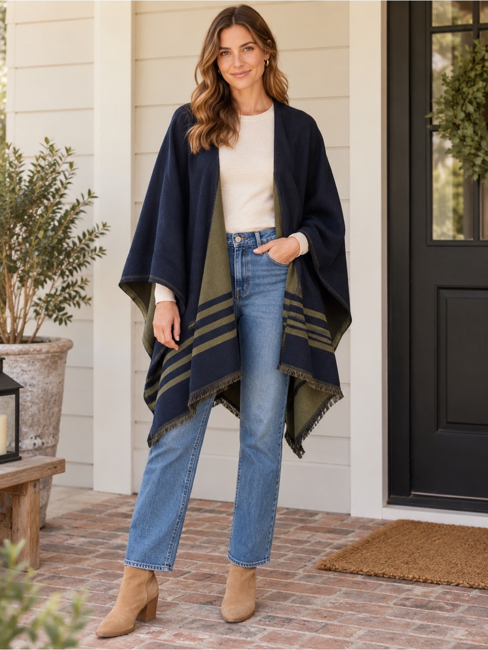 NWT Tommy Hilfiger Navy Olive Striped Fringe Cape Ruana Wrap Poncho One Size